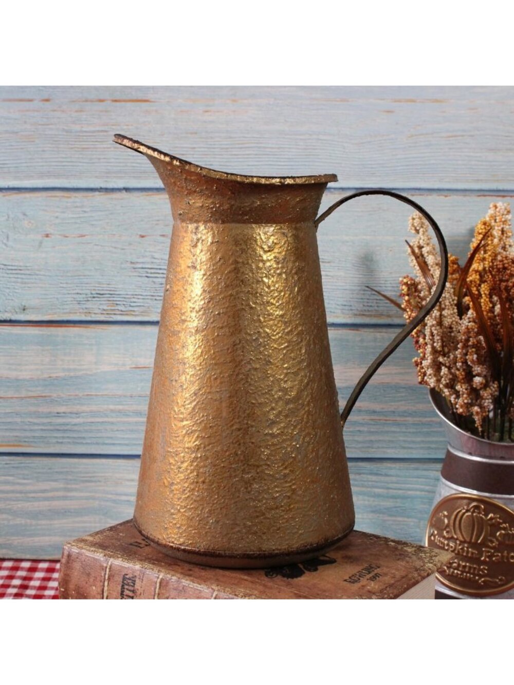 Rustic Galvanized Metal Pitcher Vase, Primitive Home Décor, Antique Gold Accent